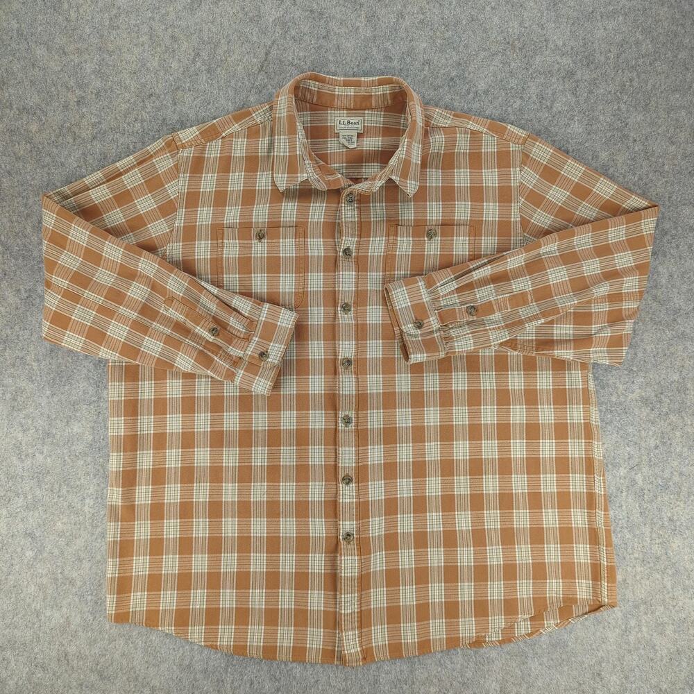 LL Bean Shirt Mens 2XL Tall Brown Tan Plaid Button Down Long Sleeve Pockets